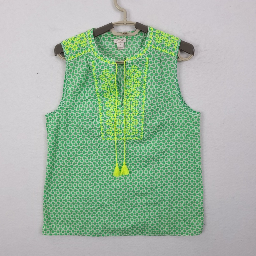 J.Crew Sleeveless Blouse Womens 6 Green Embroidered Tassel Boho Cotton Summer